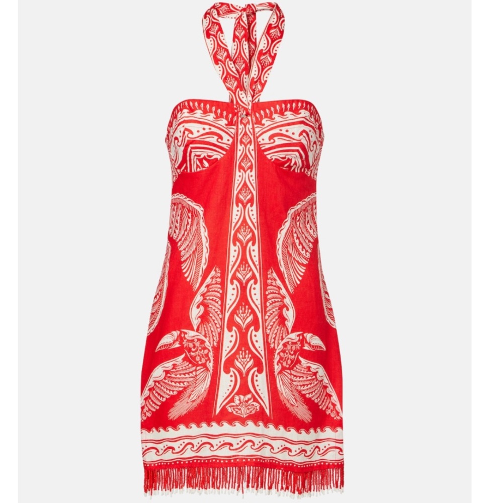 FARM Rio Beaded Fringe Red Off-White Majestic Coconut Mini Dress Size Small NWT - Picture 4 of 16